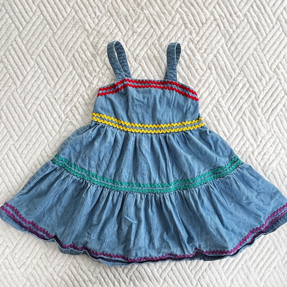 Hanna Andersson Chambray Sundress with Red, Yellow, Green, Purple Trim